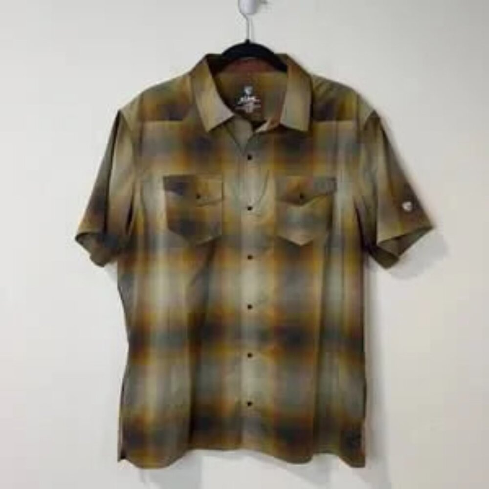 Kuhl Men's Konquer Shirt Short Sleeve LightweightPlaid Large Blue Gold Brown